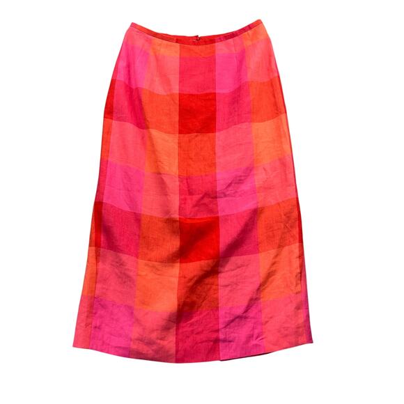 Talbots Pink Orange Linen Midi Maxi Skirt Plaid Check Gingham Casual 10 Petite - Picture 1 of 6
